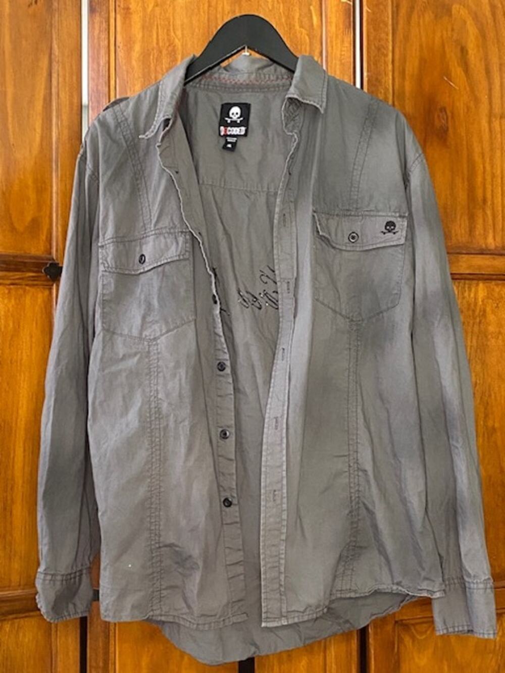 Decoded XL Gray Military Button Up Shirt True Rock Never Dies Skull Y2K Grunge